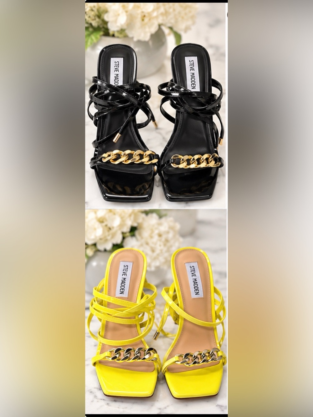 Steve Madden 2 colors - Patent Strappy Heels with Gold & silver Chain Accent